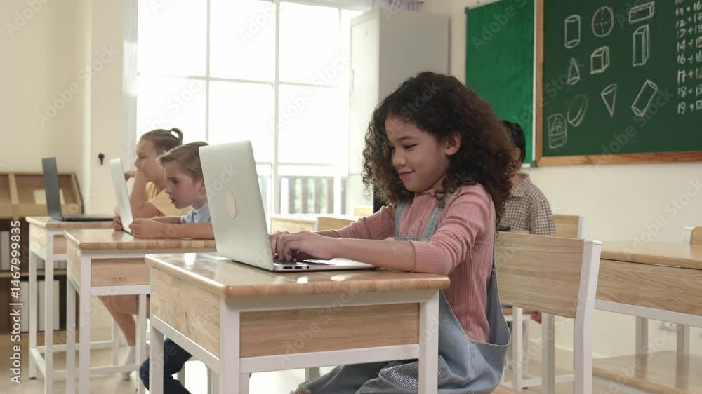 Poster american girl learning about coding engineering prompt while diverse students sitting at stem techno