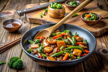 stir fried chicken with vegetables on pan, warm wooden