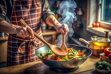 preparing food in the kitchen stir on pan