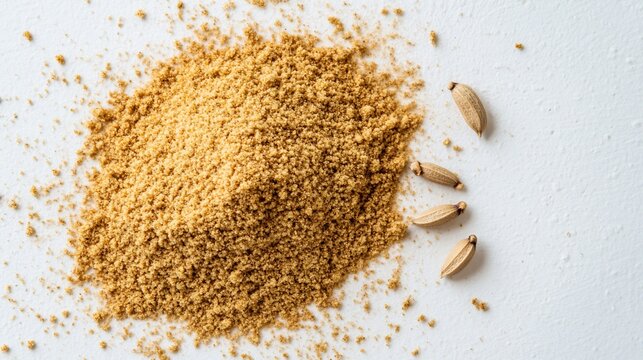 Top down view of a pile of cumin powder and a few whole cumin seeds placed on a white surface emphasizing their texture and color contrast overlay cut out on isolated transparent removed background