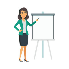 Female manager giving presentation at whiteboard on transparent background