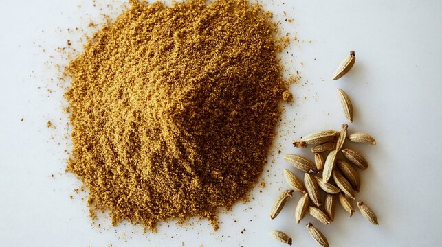 Top down view of a pile of cumin powder and a few whole cumin seeds placed on a white surface emphasizing their texture and color contrast overlay cut out on isolated transparent removed background