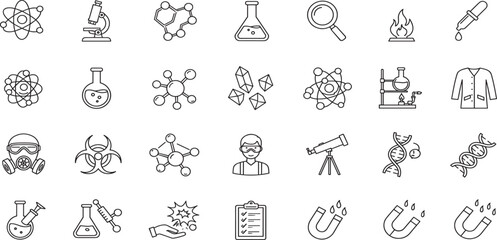 Science and chemistry related editable stroke outline icons set isolated on white background flat vector illustration