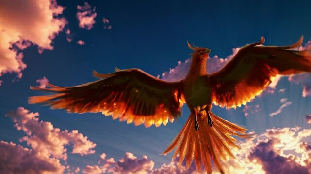 A phoenix bird in flight is encircled by a mystical fairy-tale rainbow