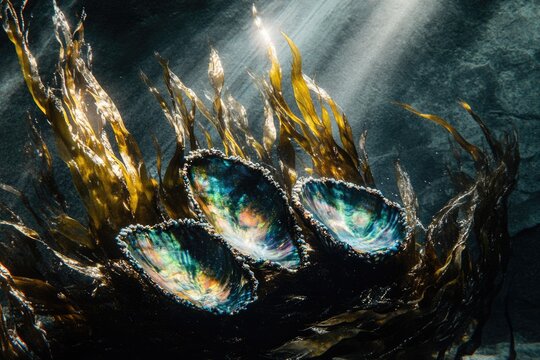 Sunlit iridescent abalone shells nestled amongst dark seaweed, creating a mystical underwater scene with unique textures and light play.