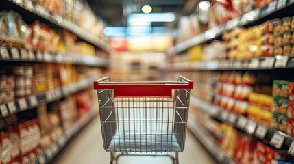 Supermarket aisle view with shopping cart ready for groceries run.