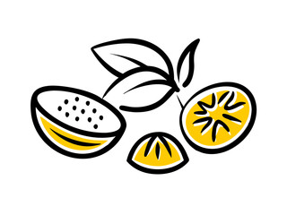 Vector illustration of stylized tropical fruits with yellow pulp and leaves. Hand-drawn black outline design perfect for juice logos, summer graphics, organic product labels, or healthy food packaging