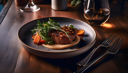 Gourmet Grilled Steak Dinner with Roasted Vegetables and Creamy Sauce