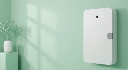 Modern minimalist wall-mounted storage unit in a serene green setting