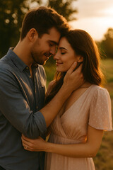Fototapeta premium Golden Hour Romance – A Tender Moment Together