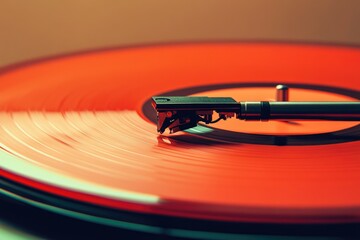 Close-up shot of a vintage turntable with a vibrant orange record, embodying the retro charm of analog music.