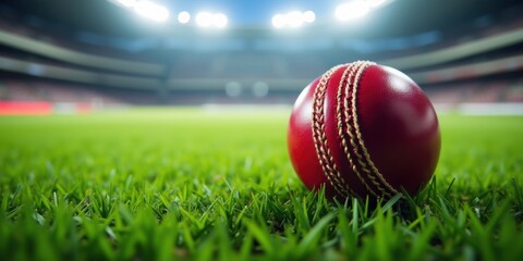 Close-up of a Red Cricket Ball on Lush Green Grass in a Brightly Lit Stadium - Professional Cricket Match, Sports Equipment, Team Sport.