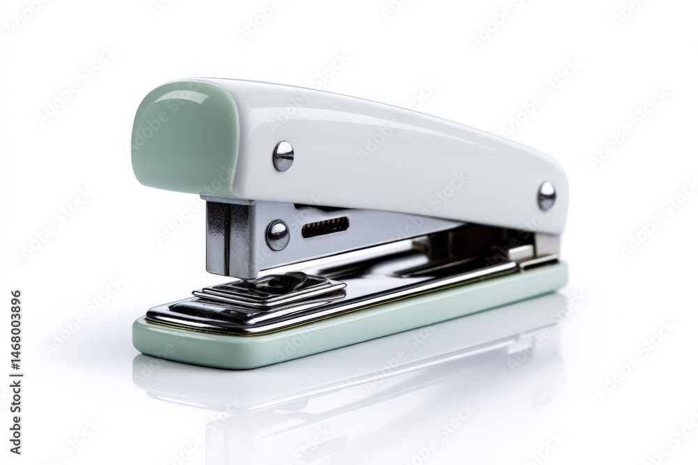 Aufkleber metal stapler folded in a non-euclidean loop on a reflective surface in a well-lit room
