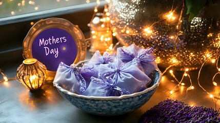 Surprise lavender sachets gift in decorative bowl beside lights and a vibrant text "Mothers Day" card