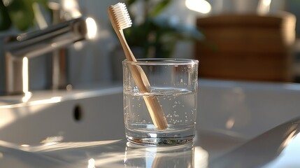 Bamboo toothbrush in a glass of water on a bathroom sink