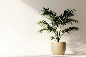 Palm plant in pot, simple, isolated on white background
