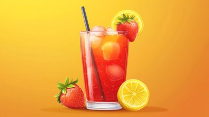 Fototapeta premium Refreshing Strawberry Lemon Iced Drink in Tall Glass