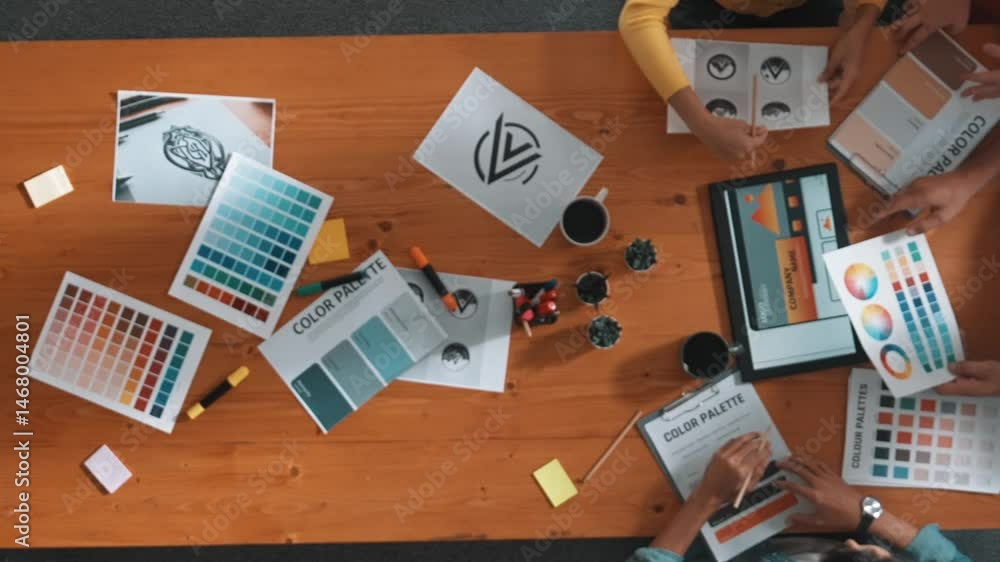 Aufkleber top down aerial view of designer looking at tablet while project manager choosing color palettes. to
