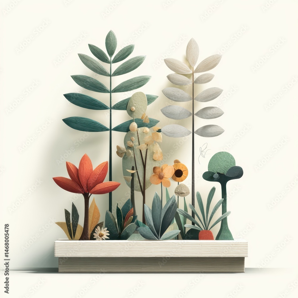 Poster colorful and artistic arrangement of 3d plants and flowers in a modern style with unique shapes and 