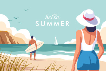 Summer time. Concept of summer party, vacation and travel. Woman in a hat on the beach, a man stands on the shore holding a surfboard of the shore. Vector illustration. © faber14