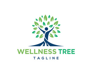 Wellness tree logo design person celebrating life and growth green leaves isolated symbol for health and wellbeing