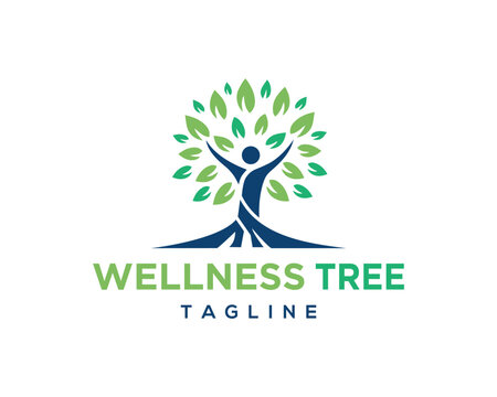Wellness tree logo design person celebrating life and growth green leaves isolated symbol for health and wellbeing