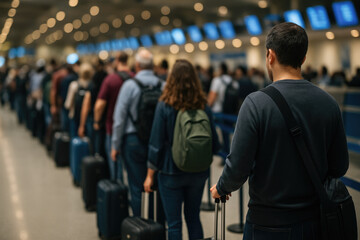Fototapeta premium A Chaotic Scene at the Airport: Long Lines of Passengers Waiting with Their Luggage, a Stressful Moment Before Boarding and a Symbol of the Transporting Journey Ahead