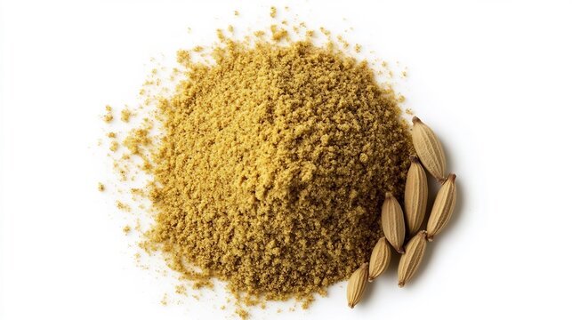 Top down view of a small pile of cumin powder with a few whole cumin seeds placed beside it isolated on a white background overlay cut out on isolated transparent removed background