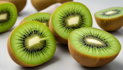 Fototapeta premium Vibrant, freshly sliced kiwis display their juicy green interior and black seeds, ready to eat.