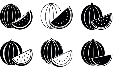 Black silhouette of a watermelon with a slice cut out, isolated on a white background.