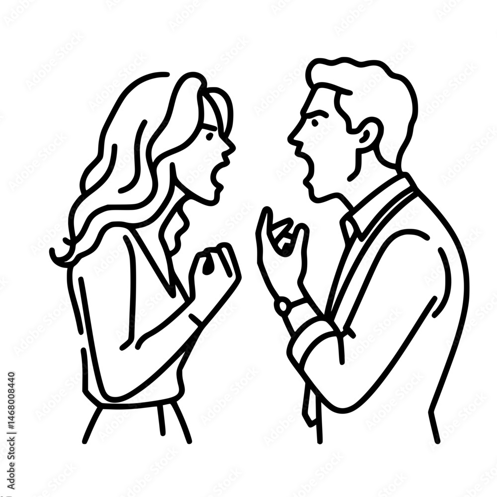 Poster couple arguing and shouting at each other in line art style on simple background, vector one line ou