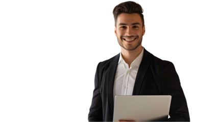 Smiling man in suit holding a laptop against a dark background with copy space to the left side