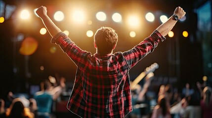 Concert euphoria Man cheers at rocking show with spotlight on.