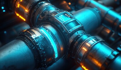 Complex network of futuristic pipes. Interconnected metallic tubes with glowing, vibrant accents.  Water droplets cling to surfaces