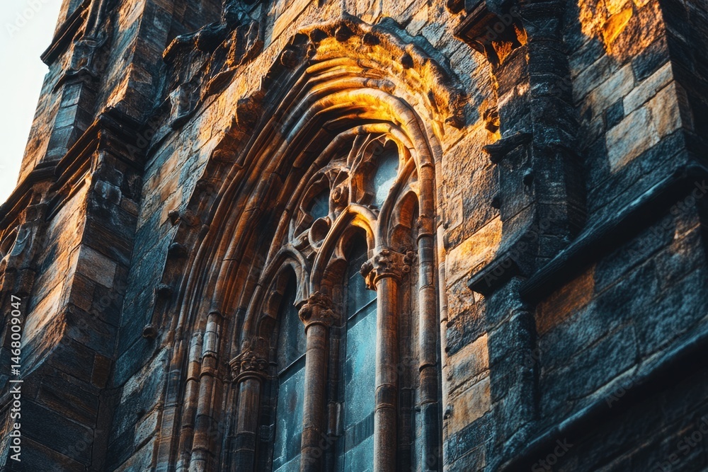 Poster stone archway with intricate detailing illuminated by sunlight, showcasing gothic architecture and a