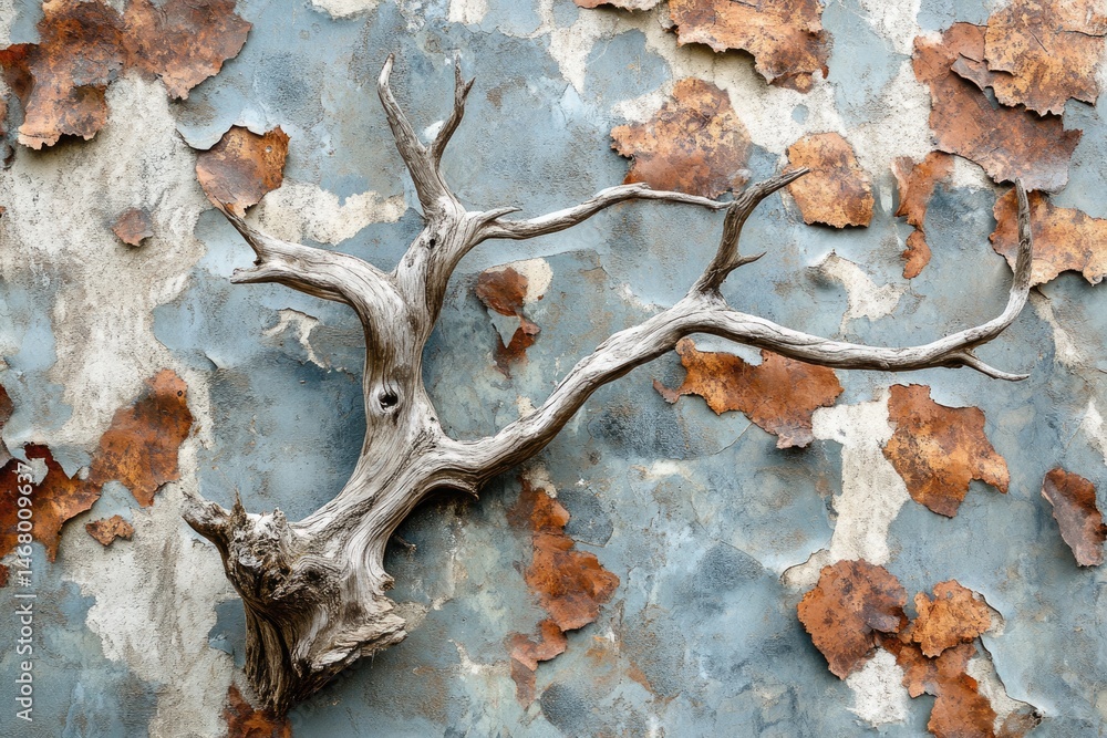 Poster a weathered tree branch rests against a peeling blue wall, creating a rustic texture and contrast.