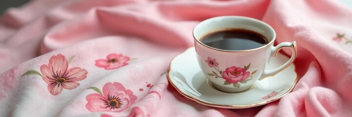 Fototapeta premium Pastel pink floral blanket, coffee in a fine china cup , white flowers, whimsical, soft