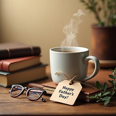 Warm Father’s Day Coffee Scene with Books and Glasses on Wooden Desk