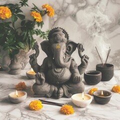 a decorative clay statue of Lord Ganesha surrounded by marigold flowers, incense, and candles, spiritual festive photo --profile dt4vqu9 