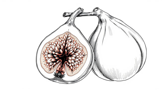 recommend clip art: Hand drawn illustration of two figs, one cut in half, with visible seeds, isolated on a white background.