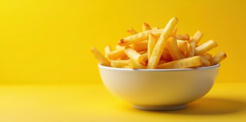 A pile of crispy fries in a white bowl against a sunny yellow, dish, illustration, photography