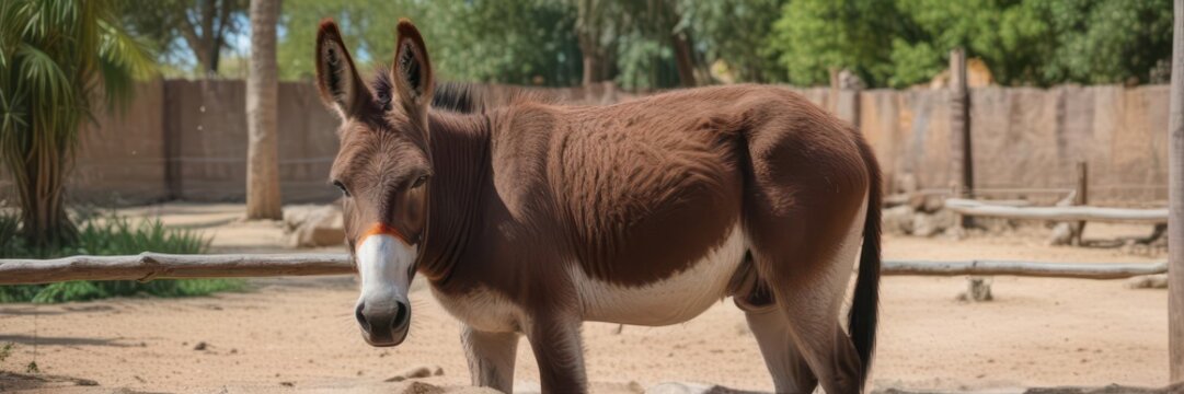 A lone donkey stands in a zoo enclosure, ears drooping , donkey, habitat, fence
