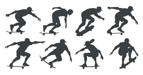Collection of Skateboarder Silhouettes Performing Various Tricks and Maneuvers