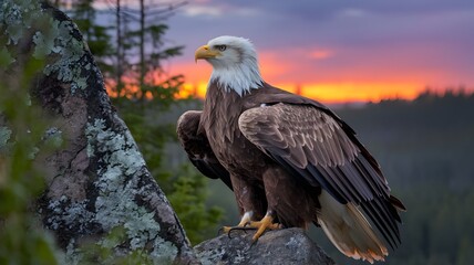 Obraz premium An awe-inspiring bald eagle perched atop a rocky outcrop against the backdrop of a vibrant sunset. The eagle's majestic presence and the stunning sky create a breathtaking scene.