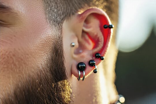 Ear with Multiple Piercings and Silver Rings

