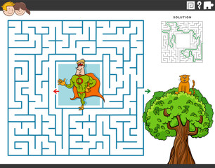 maze activity with cartoon superhero and kitten on the tree
