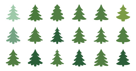 Obraz premium Eighteen Evergreen Trees in Varying Shades of Green for Christmas Designs