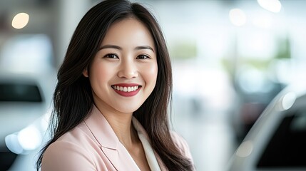 Smiling Asian Woman in Car Dealership with Confident and Professional.