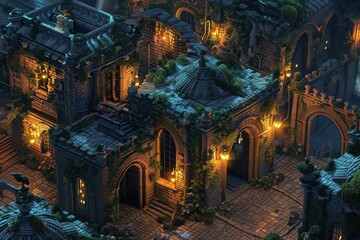 Fantasy Isometric 3D Cityscape with Glowing Lights and Complex Architecture for Game Design and Concept Art
