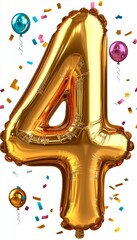 Golden Number Four Balloon with Confetti Celebrating a Joyous Fourth Birthday with Style